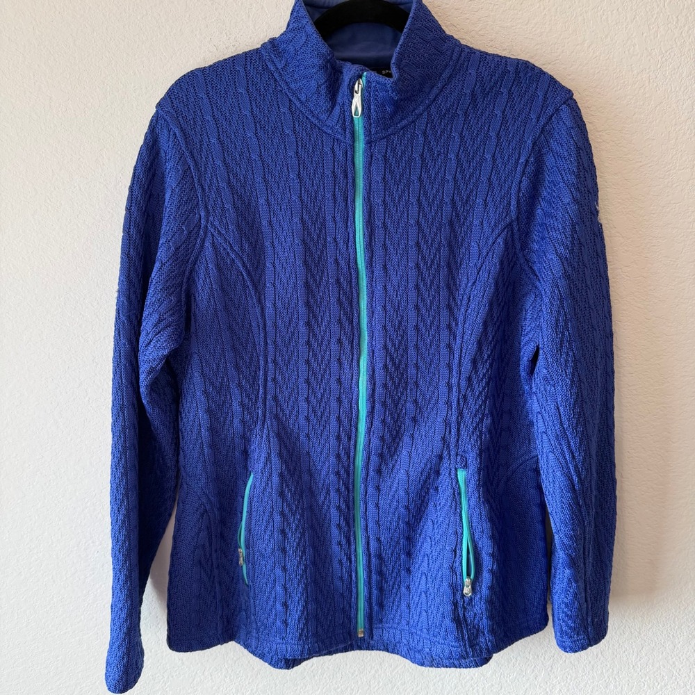 Spyder Womens XL Royal Blue Cable Knit Fleece Lined Full Zip Jacket Mock Neck